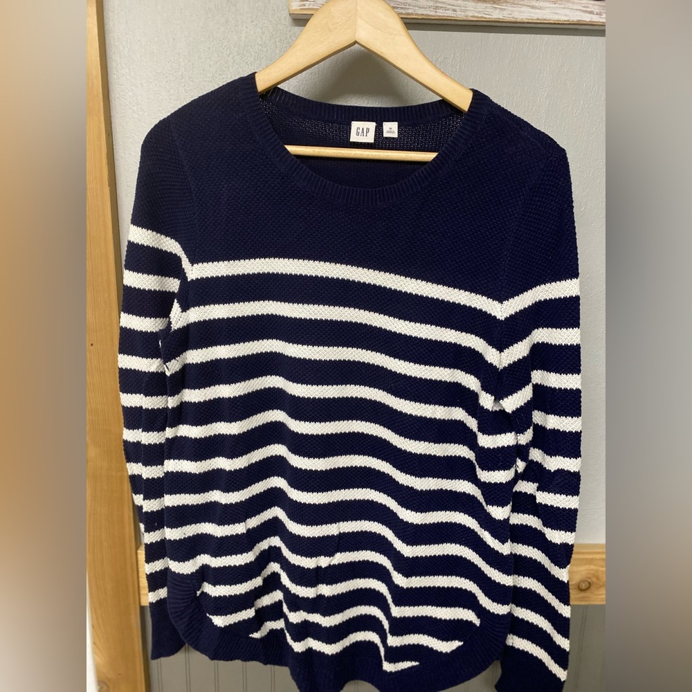 GAP Navy and White Striped Crewneck Sweater